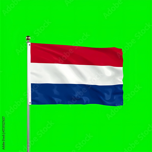The national flag of Netherland, with its vibrant green and red fields and central coat of arms, gently waving, representing national identity, cultural heritage, and patriotic pride