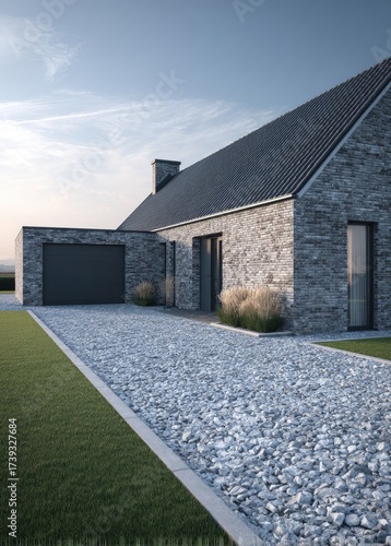 Stone facade modern home with gravel driveway, garage, and green lawn against a blue sky