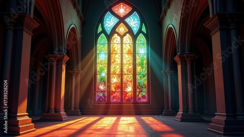 Grand stained glass window in a historic cathedral. The window portrays a vibrant scene of heavenly light beams interwoven with symbols like doves, olive branches, and abstract flames.