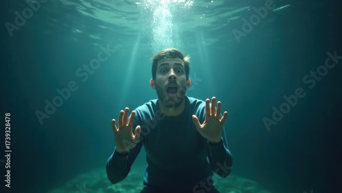 A metaphorical concept of a young man sinking underwater while fully clothed, symbolizing the suffocating sensation of a panic attack.