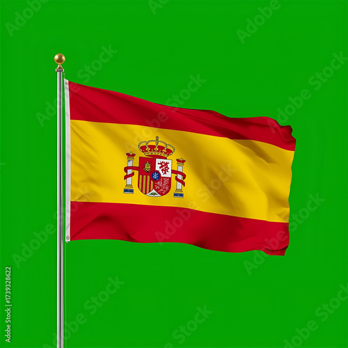 Spanish Flag Waving in the Wind A Vibrant Symbol of Spain on a Green Background
