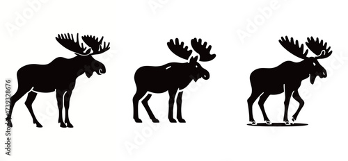 Three silhouettes of a moose are shown in different postures, capturing its graceful movement and playful nature, ideal for winter-themed artwork.
