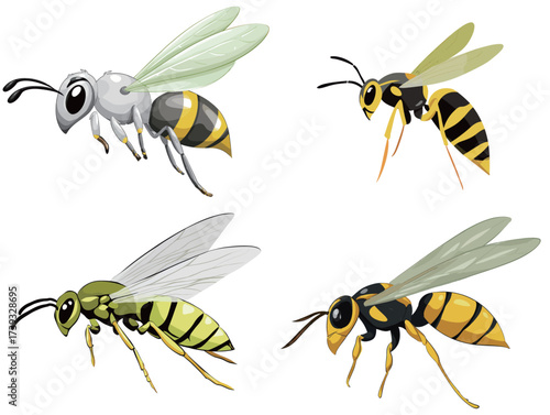 Four cartoon bees display distinct designs, including colors like yellow, black, and white. Each bee features unique wing shapes and patterns for variety.