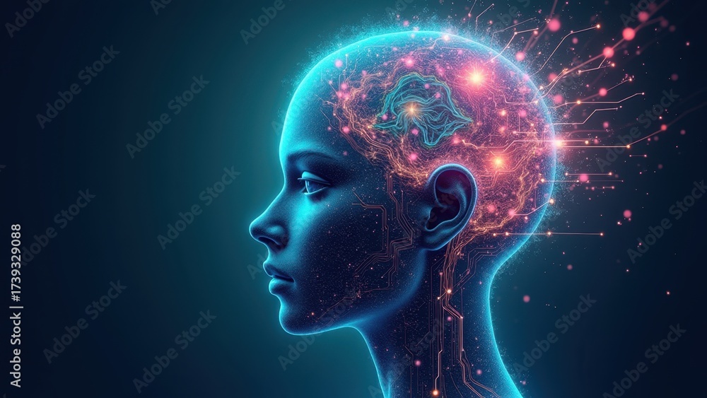 Obraz premium A surreal, abstract illustration of a human head filled with swirling digital circuits, neural networks, and radiant bursts of light.