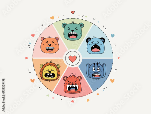 Seven cartoon animal faces display different emotions, arranged in a circular design around a central heart. Each face conveys joy, anger, and surprise.