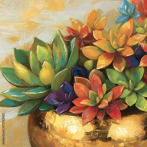 Vibrant Succulents in Gold Pot Artistic Painting