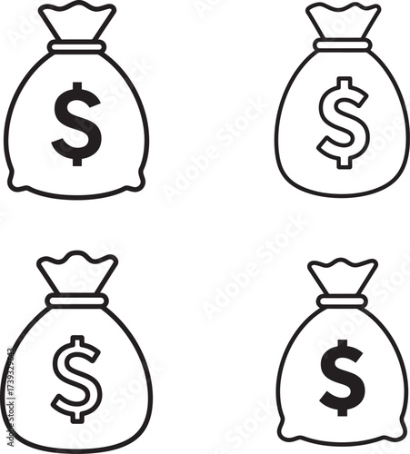 Four simple line art icons of money bags with dollar signs representing wealth