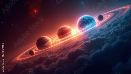 An expansive, dynamic scene of a rare planetary alignment. Majestic planets glow in varying hues from fiery reds to cool blues against a swirling, vibrant nebula.