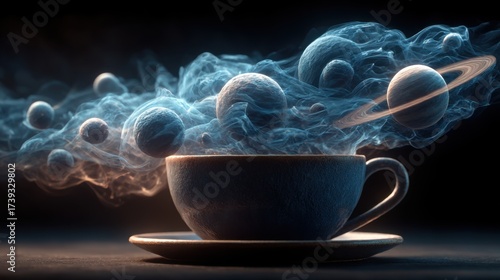 Fototapeta Naklejka Na Ścianę i Meble -  Coffee cup with swirling planets and cosmic smoke creates a whimsical space scene at night