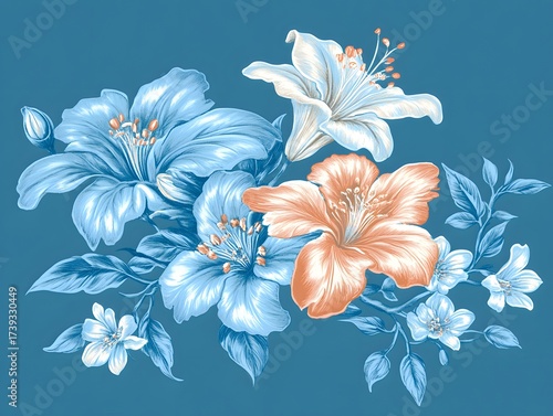 Elegant Blue and Peach Floral Bouquet Illustration