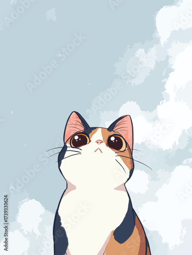 A calico cat with large eyes gazes upward, captivated by the blue sky and white fluffy clouds. Its colorful coat adds charm to the serene scene.