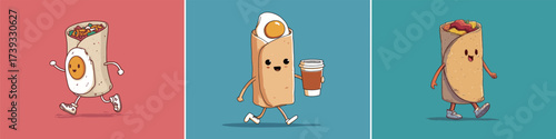 Three cartoon burritos with unique designs engage in lively activities. One burrito jogs, another holds a drink, and the last smiles as it walks, all in bright colors.