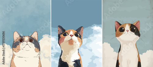 Three cats are depicted from a low angle, gazing up at a bright blue sky with fluffy white clouds. Each cat has distinct patterns and expressive eyes.