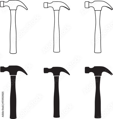 Collection of six different hammer illustrations in outline and silhouette forms