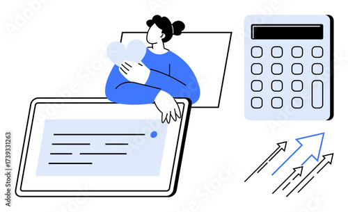 Person hugging heart shape with tablet, calculator, and arrows symbolizing growth, finance, and creativity. Ideal for business, finance, technology, personal development productivity success