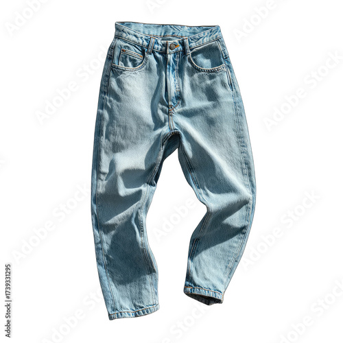 Baggy, light wash, cropped denim jeans on a dark backdrop
