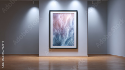 Serene digital art print mockup hanging on white gallery wall. This empty modern interior with spotlights and wood floor creates perfect template for any artwork or design