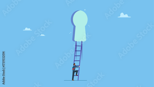 Businessman climbing up ladder through secret keyhole. Business opportunity or ladder of success, challenge ahead for career development and personal improvement, motivation and inspiration.