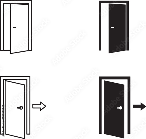 Four stylized icons of doors in different states of opening and closing