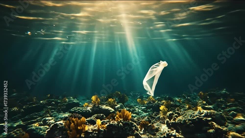 A single plastic bag floats tragically in a beautiful sunlit underwater ocean scene, a stark symbol of environmental pollution.