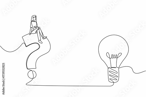 Continuous one line drawing a woman sitting on a big question mark symbol and a light bulb. Reliable analyst problem solver. Smart. National Creativity Day. Single line draw design vector illustration