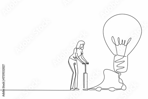 Single continuous line drawing a woman in casual clothes pumping large lightbulb and air bubbles in the hose. Developing creative thinking. National Creativity Day. One line design vector illustration