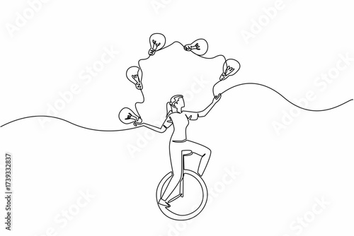 Continuous one line drawing a woman in casual clothes riding unicycle and juggling 5 light bulbs. Sharpen brain by playing balance. National Creativity Day. Single line draw design vector illustration
