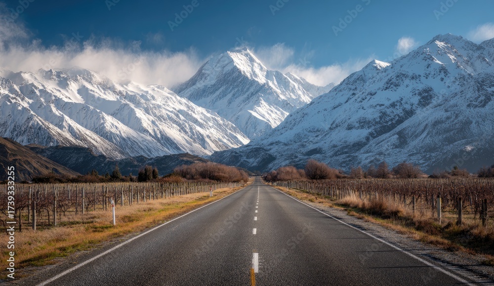 Fototapeta premium Asphalt road stretches towards majestic snow-capped mountains under a blue sky