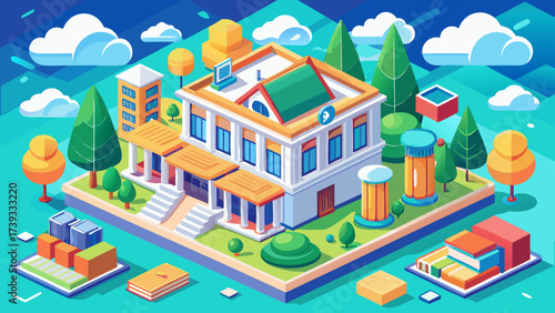 Isometric library building vector with books symbol, rooftop, windows, trees, 3D perspective, scalable architecture, clean lines, professional illustration, vibrant colors, detailed educational design