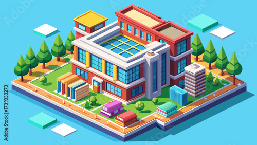 Isometric library building vector with books symbol, rooftop, windows, trees, 3D perspective, scalable architecture, clean lines, professional illustration, vibrant colors, detailed educational design