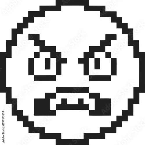 Pixel art angry face icon retro 8 bit emotional expression, aggressive feelings, digital emoji, upset mood, black and white symbol