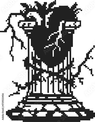Crumbling ancient pillar with cracked heart and vines pixel art monochrome symbolizing decay, broken love, loss, and time