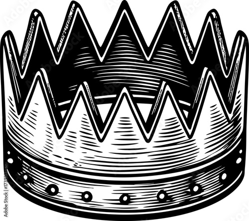 Vintage royal crown with engraved metal details and pointed tips antique monarchy symbol, classic etching illustration