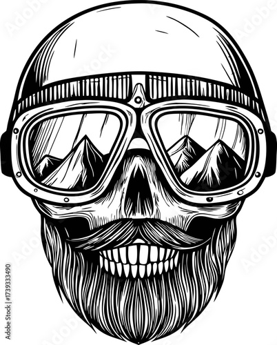 Skull with aviator goggles and beard, mountain reflection in lenses vintage biker style, monochrome tattoo art illustration