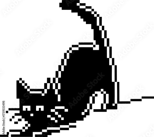 Playful black pixel art cat stretching, retro 8 bit digital design, isolated on white background, vintage animal illustration