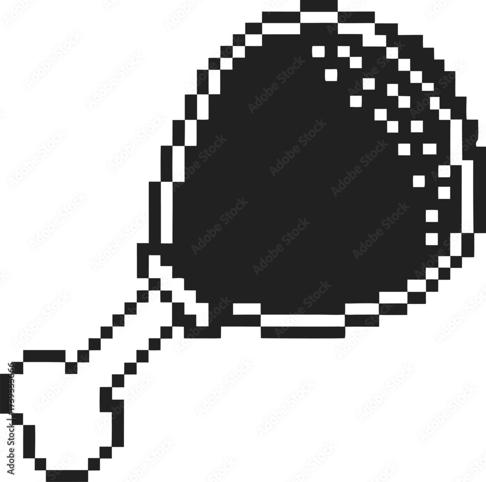Pixel art chicken drumstick icon in black and white, retro game meat leg, simple minimalist food illustration