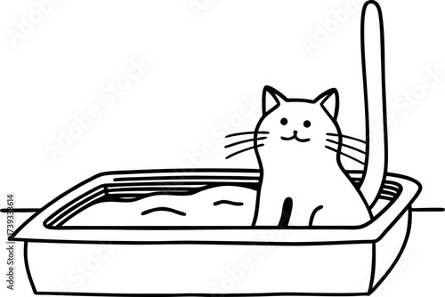 Cat sitting in litter box happy pet using clean sandbox for hygiene domestic animal bathroom routine, feline care, indoors