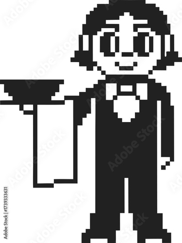 Pixel art waiter holding a tray with towel retro vintage video game character in uniform, restaurant service icon, black and white