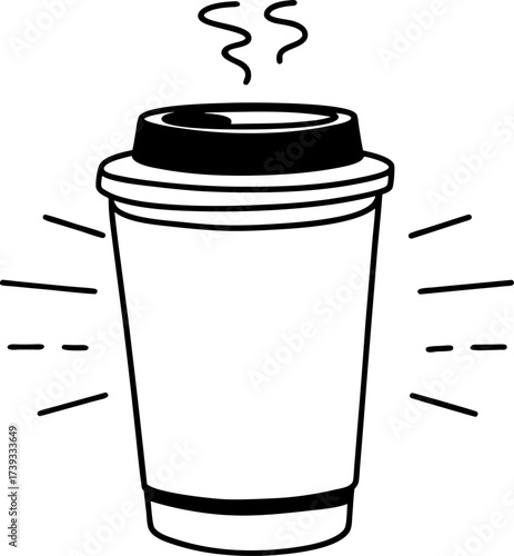 Hot takeaway coffee cup with steam rising, disposable drink container, minimalist black outline, quick refreshment concept