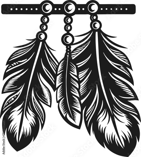 Black decorative hanging feathers with crescent moons, intricate boho ornament, natural tribal accessory symbol