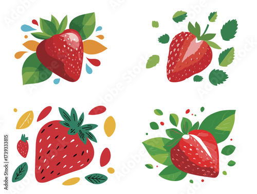 Four unique strawberry illustrations display vibrant colors and creative designs, featuring leaves and playful shapes that highlight the fruits freshness.