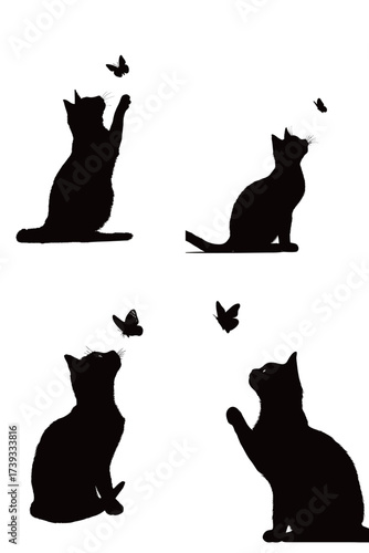 Four silhouettes show a cat reaching for butterflies in different playful positions. The cat appears curious and engaged with the fluttering insects.