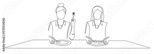 continuous line art of two female workers having lunch during their break.