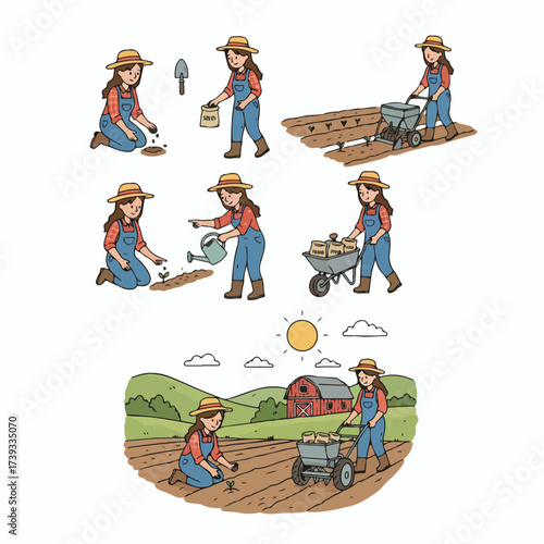 Farmer planting seeds and tending crops in a field
