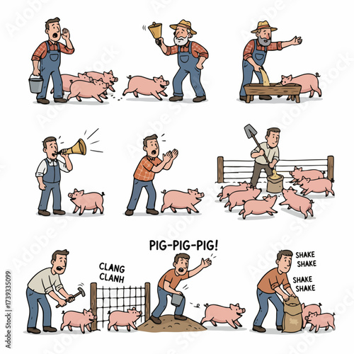 Farmer herding pigs on a farm, humorous scene