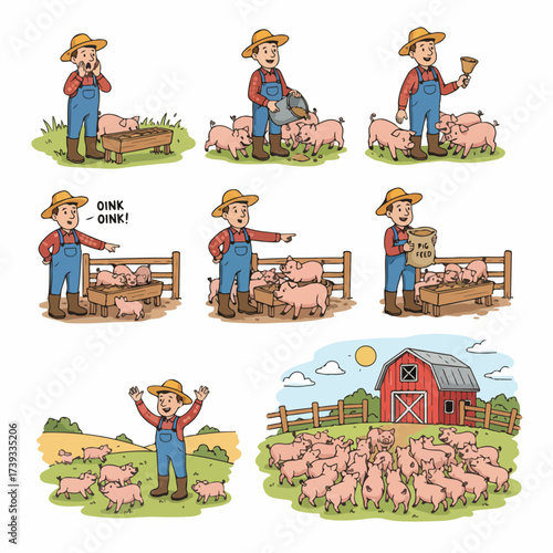 Farmer feeding pigs on a farm, rural scene