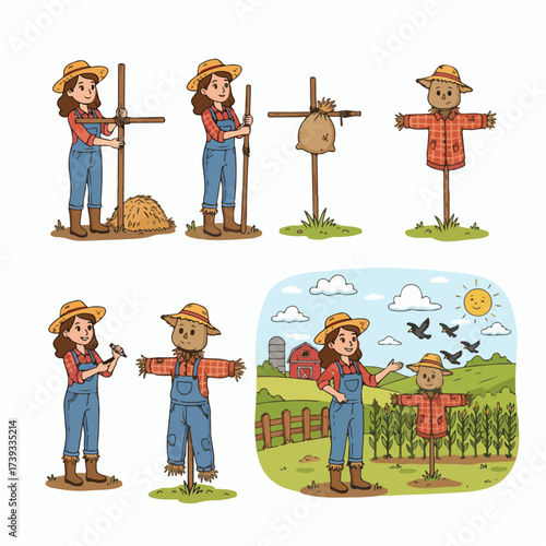 Farmer girl and scarecrow in a rural field scene
