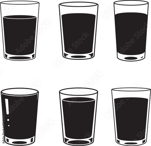 Six glasses filled with dark liquid on a white background hand drawn illustration