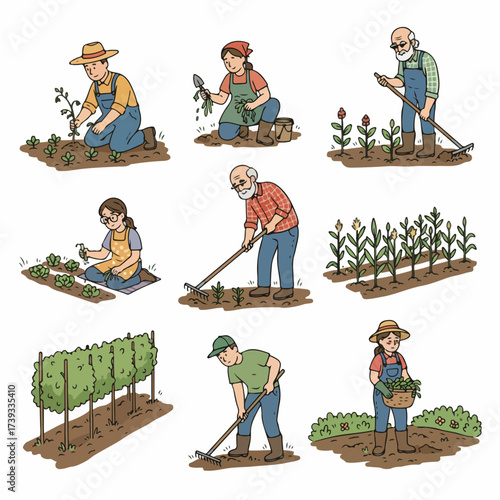 Farmers working in garden plots with various tools