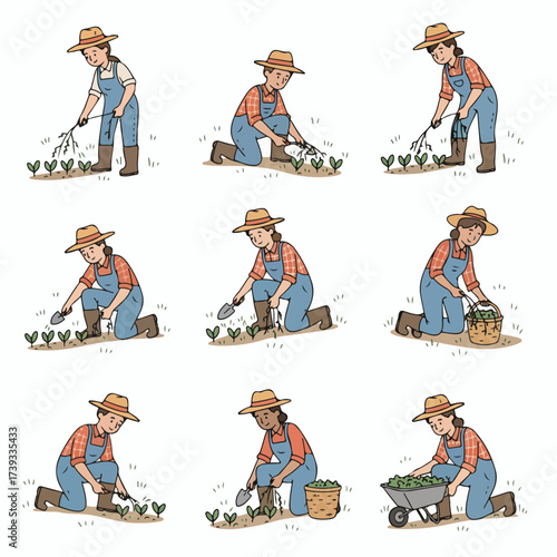 Farmer tending plants in garden with tools